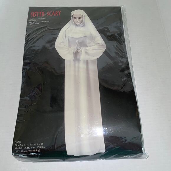 ADULT SCARY MARY NUN WHITE GOWN HEADPIECE VEIL GLOVES COSTUME - Picture 1 of 3
